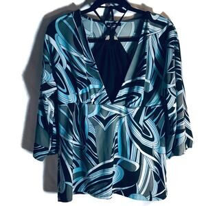 Women Boho Flowy Blouse Medium 3/4 Sleeve Blue Business Casual Cute Feminine